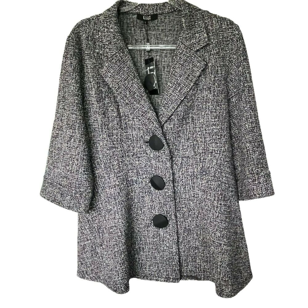 Lior Peplum Jacket Womens Black White Cassie Rainbow Tweed 3/4 Sleeve Size L NWT